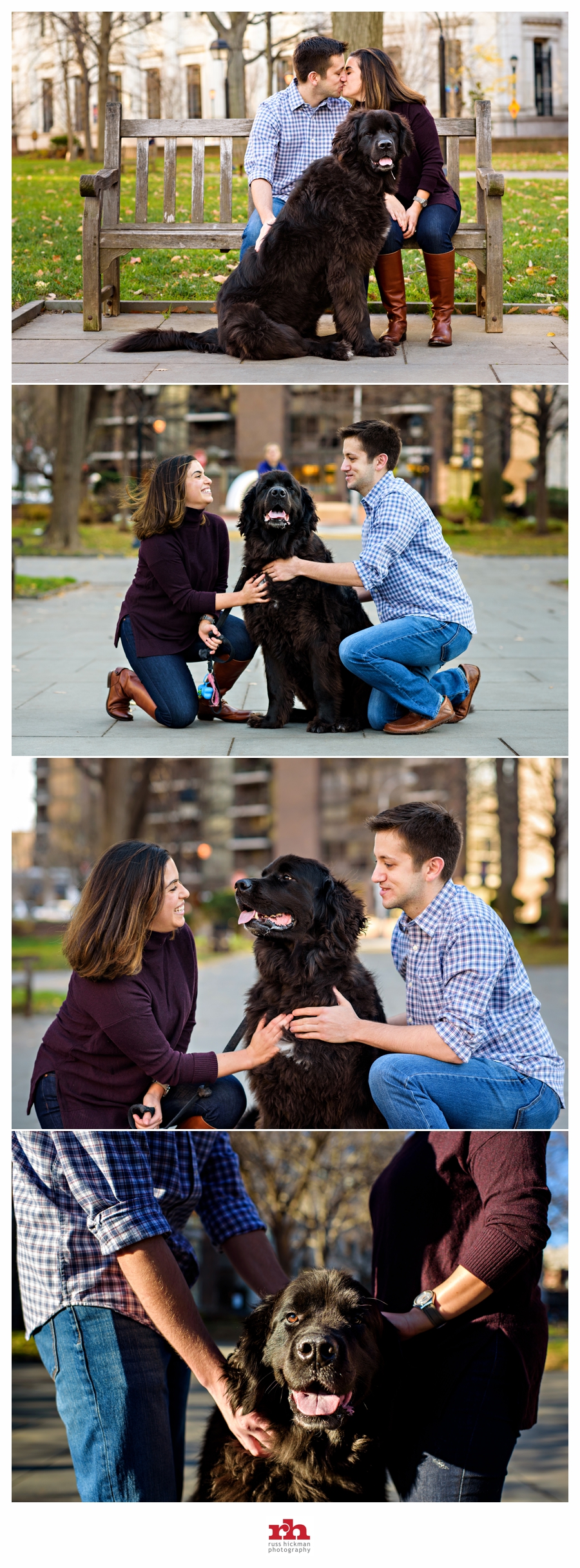 A couple and their dog walk in Washington Square Park during their Philly Engagement Session.